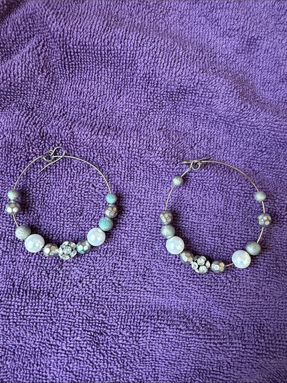 Bronze Hoop Bead Earrings with Crystal Accents - White Beads